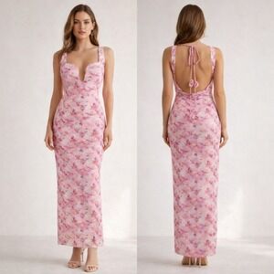Pink Floral Burnt Velvet Bodycon Maxi Dress Sz L Y2K Romantic Wedding Guest Chic